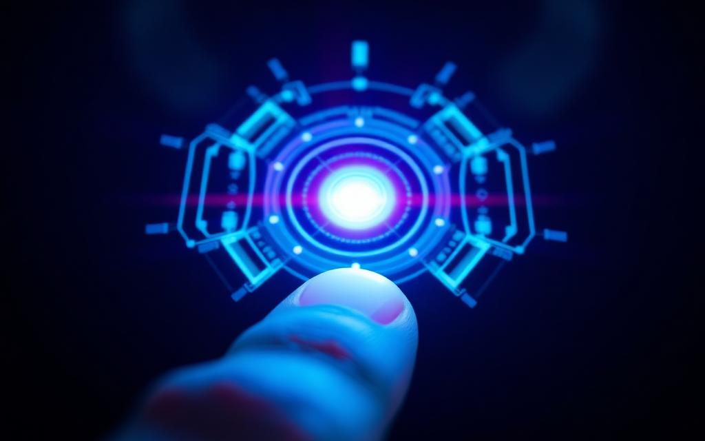 Close-up of a holographic interface above a fingertip