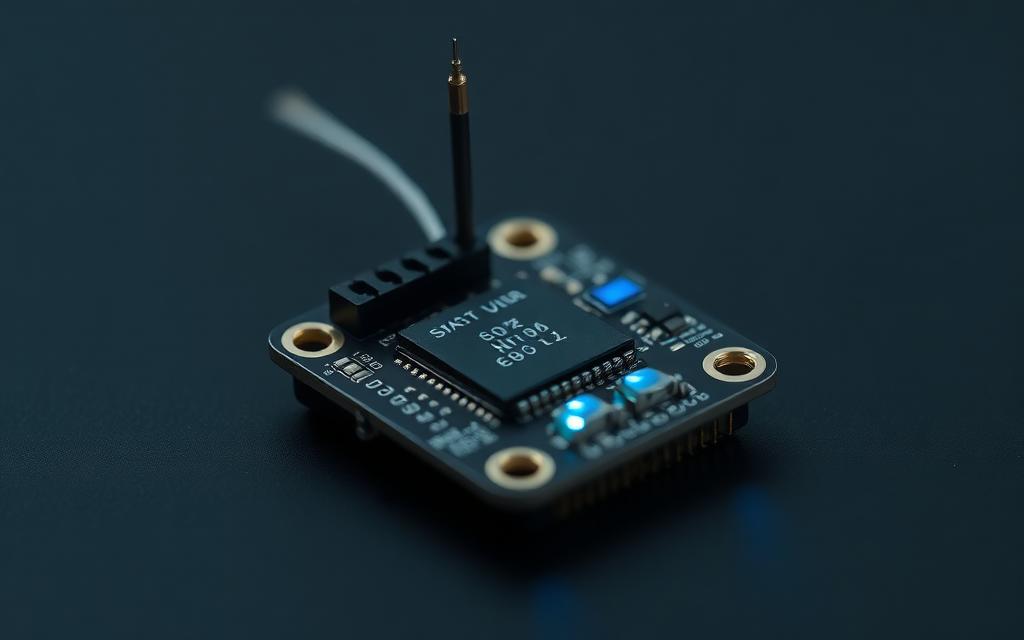 Close-up of an IoT sensor module with antenna